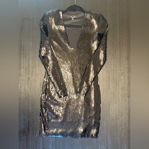 Express Black Sequin Plunge Long Sleeve Mini Bodycon Dress